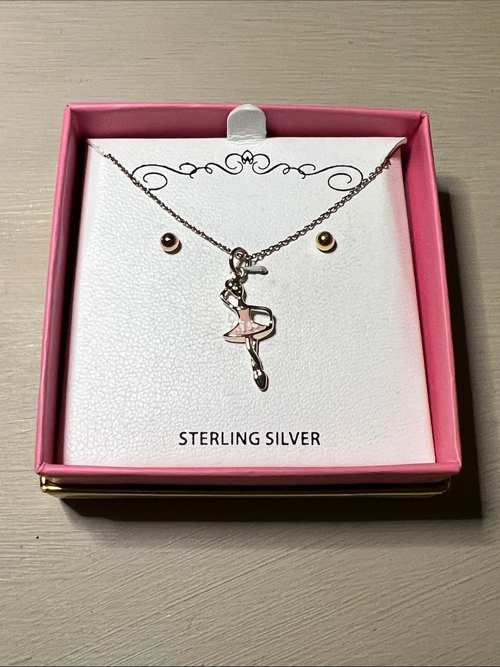 Sterling Silver Pink Ballerina Pendant Necklace & Earrings Set NWT